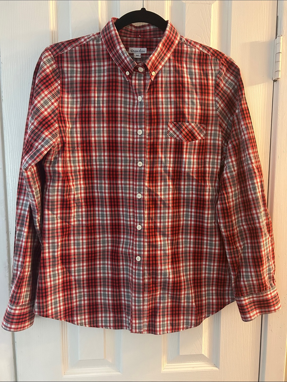 Steven Alan Red and White Plaid Button-Down Shirt, size M.